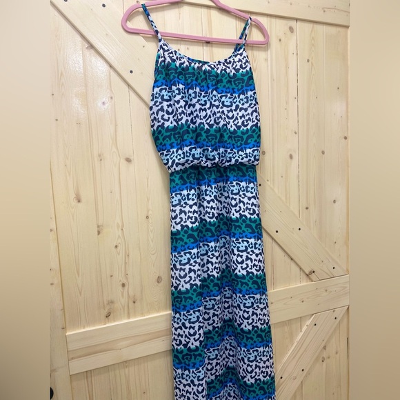 ❤️🤩She’s Cool Blue Green Black & White Leopard Stripped Sleeveless Maxi Dress - Picture 3 of 9